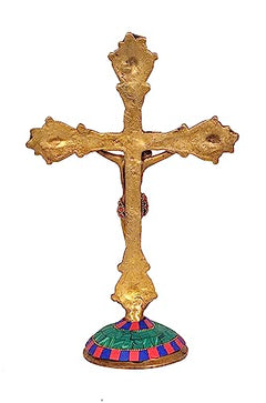 Brass Jesus on cross statue with red ornaments and circular multicolor base