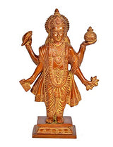 Front view of golden brass Dhanvantri idol on square base, four-armed stance