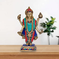 AONA Brass Dhanvantri idol with stone work, turqoise-blue and red robes, standing
