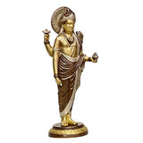 Brass Dhanvantri statue, side view holding objects, 20-inch height.