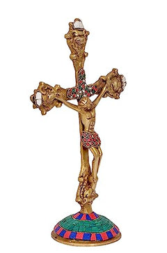 Brass Jesus on cross statue, red inlaid medallions, multicolor round base