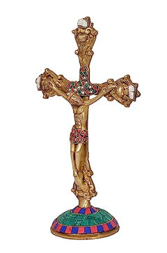 Brass Jesus on cross statue with red gem crown details and multicolor base