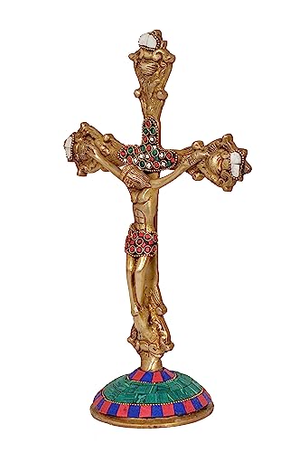 Brass Jesus Cross Statue Idol for Home Decor Showpiece for Living Room | 11.5 inches (Red)