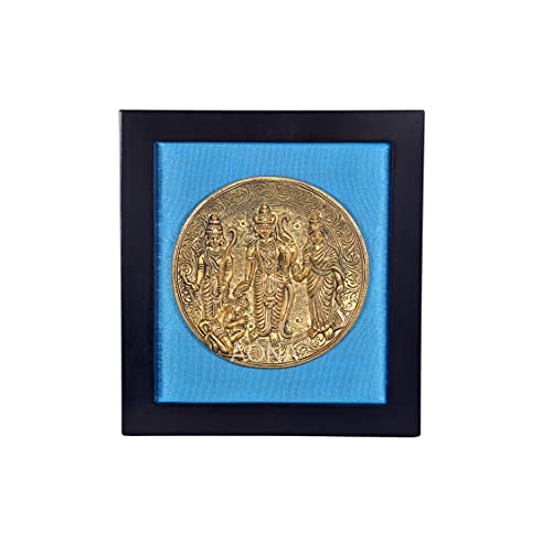 AONA Brass Ram Darbar Plate in Wooden Frame Length 12.5 Inch (Blue)