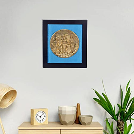 Brass Ram Darbar Plate in Wooden Frame (Length 12.5 Inch) (Blue)