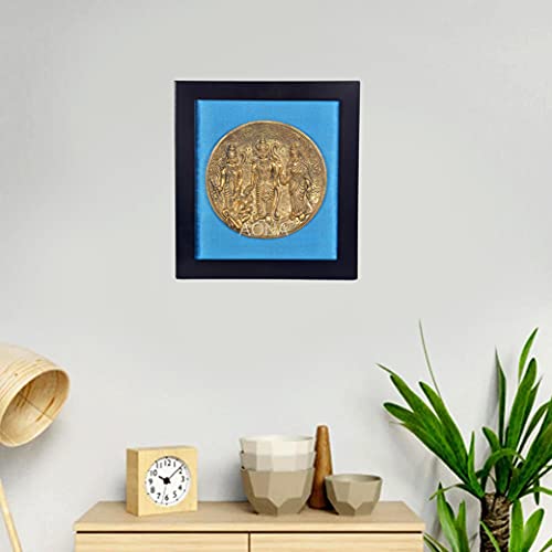 Brass Ram Darbar Plate in Wooden Frame (Length 12.5 Inch) (Blue) Mandir Setting