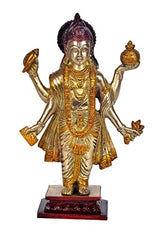 Dhanvantri-Idol, goldfarbene Messingstatue mit roter Krone und rotem Sockel