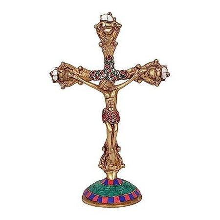 Brass Jesus on Cross Statue (Height - 11.5 inches) (Red)