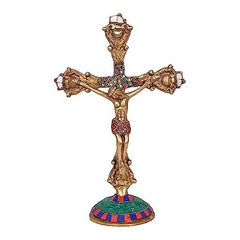 Brass cross statue with Jesus, red gem inlays and multicolor round base