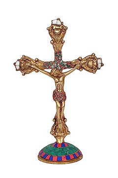 Brass Jesus on cross statue with red jeweled accents and multicolor 11.5 in base