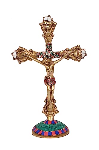 Brass Jesus Cross Statue Idol for Home Decor Showpiece for Living Room | 11.5 inches (Red)