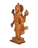 Side view golden brass Dhanvantri idol holding a pot, detailed robe on square base