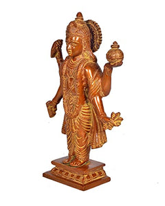 Side view golden brass Dhanvantri idol holding a pot, detailed robe on square base