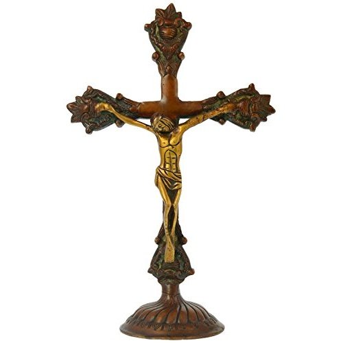 Brass Jesus Christ crucifix idol with ornate cross, standing figure, 19 x 10 x 29 cm