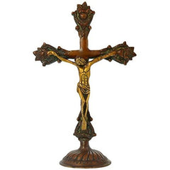 Brass Jesus Christ crucifix idol with ornate cross, standing figure, 19 x 10 x 29 cm