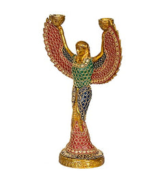 Brass ISIS goddess candle holder statue with arched wings, red patterned robe, 12-inch