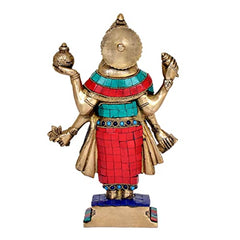 Brass Dhanvantri idol stonework, back view with gold details, red skirt and blue gems