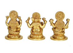 5-inch brass idols of Lakshmi, Ganesha and Saraswati, rear view—three figures