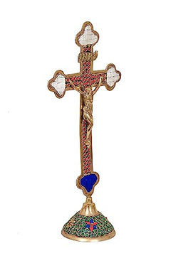 Brass Jesus Christ on cross statue, red enamel center with blue heart detail