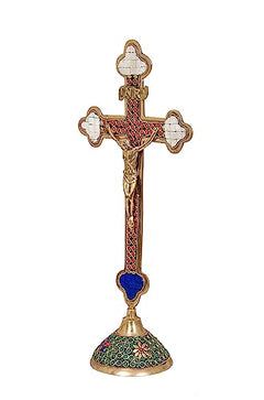 Brass Jesus Christ on cross statue, gold-toned with blue medallion and mosaic base