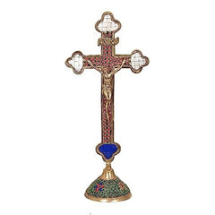 16-inch brass Jesus Christ on cross statue with red and blue jeweled inlays