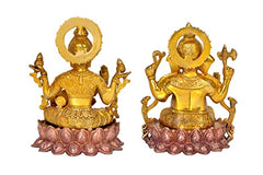 Brass Ganesha and Lakshmi idol on pink lotus, gold-tone finish, mirrored poses