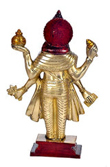 Brass Dhanvantri Idol (11 Zoll): goldfarbene Figur mit roter Krone und rotem Sockel