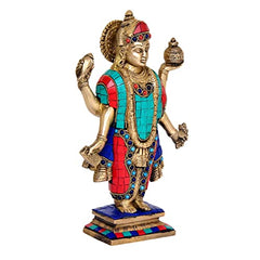 Brass Dhanvantri idol with jeweled headdress and blue/red ornamented attire, 11 inch