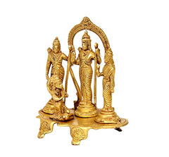 Brass Ram Darbar murti on ornate pedestal, front view, 7-inch