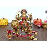 Brass Mother Durga inlay figurine, seated on lion with trident and accessories