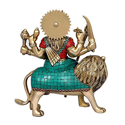 AONA Brass Maa Durga Idol Sitting On Lion Ma Sherwali Murti Devi Statue for Home Mandir Office Living Room Shop Gift Navratra Puja Multicolor Stone Work Color Height 9 Inches