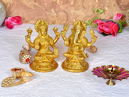Brass Ganesha & Lakshmi murti pair, 5 inch, seated idols with raised hands