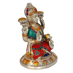 Seitenansicht Ganesha-Idol aus Messing mit erhobenen Händen, türkis-rotes Gewand