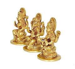 Brass trio idol set: Lakshmi, Ganesha and Saraswati in seated poses on round bases