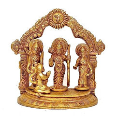 Brass Ram Darbar figure set on round base, three main figures within arch