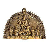 Brass wall hanging with goddess Mahisasur mardini and seated figures, arched frame