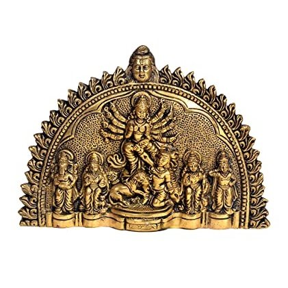 Brass wall hanging with goddess Mahisasur mardini and seated figures, arched frame