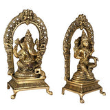 Brass Laxmi-Ganesha idol, angled front view with ornate crown arch