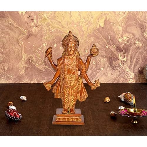 Golden brass Dhanvantri idol, 11 in, standing with four arms and raised bowl