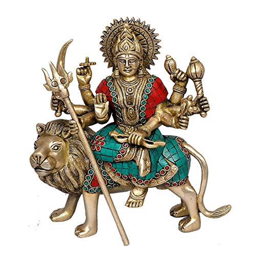 AONA Brass Maa Durga Idol Sitting On Lion Ma Sherwali Murti Devi Statue for Home Mandir Office Living Room Shop Gift Navratra Puja Multicolor Stone Work Color Height 9 Inches