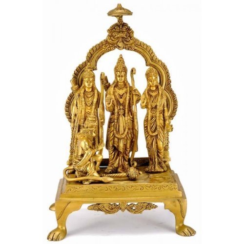 Brass Rama Darbar sculpture with three standing figures under ornate arch, on base