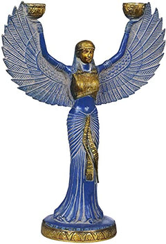 Blue brass ISIS statue with gold headdress, wide wings, and candle cups at top