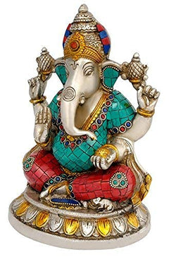 Ganesha-Idol aus Messing, frontal, türkis-grünes Gewand mit rotem Unterteil