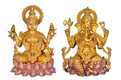 Brass Lakshmi and Ganesha idol on pink lotus with raised arms, front view