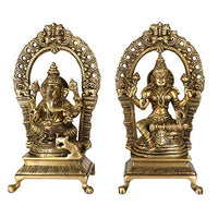 Brass Laxmi-Ganesha idol with ornate arch, front view