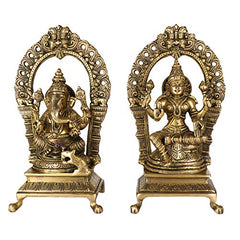 Brass Laxmi-Ganesha idol with ornate arch, front view