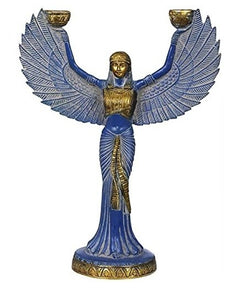 Blue brass Egyptian goddess ISIS statue with candle holder, 12 inch, raised arms