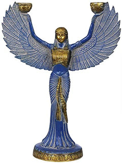 Blue brass ISIS goddess figurine holding a gold candle in each wing