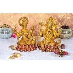 Brass Ganesha Lakshmi idol on pink lotus, 10 ft height, dual figures