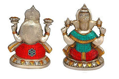 Rückansicht Lakshmi- und Ganesha-Idol aus Messing, bunte Gewänder